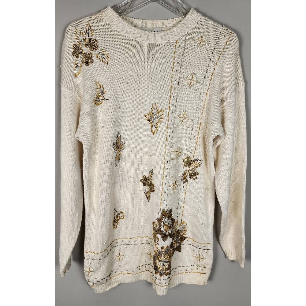 VTG Carol Rose Beaded Floral Cream Sweater‎ Womens M Ramie Cotton Knit Pullover